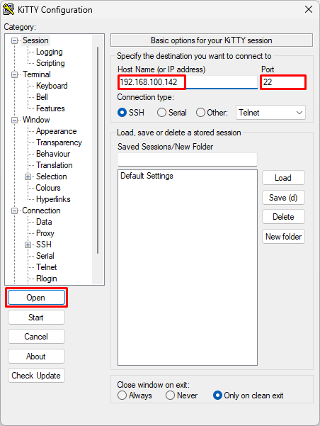 KiTTY SSH Home Screen